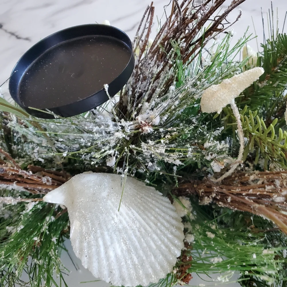 Frosted Pine Triple Candle Holder with Starfish & Sea Shells